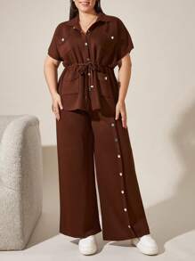 RueChic 2 Pcs Button Detail Sweater Pant+ Belted Sweater - Brown - View 6