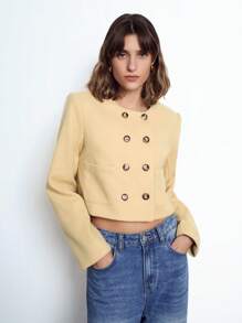 Maija Chaqueta con diseño cruzado doble de color amarillo claro para mujer, prenda de vestir de otoño/invierno, moderna y cómoda, con hombros acolchados, longitud corta, manga larga, cuello redondo, sin cuello, casual de negocios