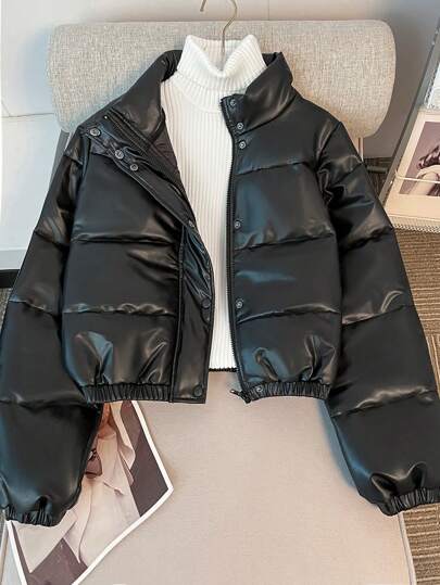 SHEIN 少女 Y2K 风格黑色时尚百搭四扣立领加厚夹克，PU 材质，适合外套、纽扣开衫、运动服、休闲、夹克、皮革、返校
