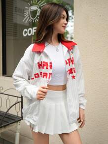 SHEIN Explorewe Teen Girls' Casual Collegiate Striped Letter Graphic Colorblock Jacket - Multicolor - View 4