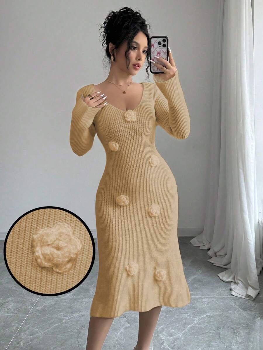 SHEIN Unity 女士 3D 花卉装饰纯色休闲长袖连衣裙 - 卡其色 - 查看 1