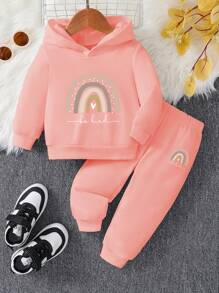 年轻女孩彩虹印花休闲套头衫套装 - 粉色 - 查看 3