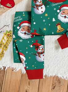 男婴圣诞元素图案修身舒适长袖T恤和长裤睡衣套装，秋冬款