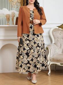 Modelyn Bộ 2 món cho nữ ngoại cỡ: Áo khoác tay bồng một hàng khuy trơn màu và váy họa tiết hoa Paisley, trang phục thu thanh lịch - Nhiều màu - Xem 3