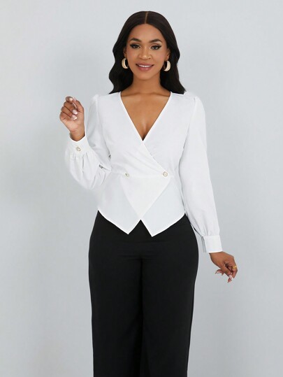 Lunelith SHEIN Lunessa Women's Solid Color Button Front Long Sleeve Simple Casual Elegant Shirt Fall Cloth For Women