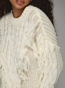 MISSGUIDED Oversized Knit Sweater Dress Fringe Cable Pattern Winter Fall Long Sleeve Cozy Chunky Pullover Mini Dress Evening Party - White - View 6