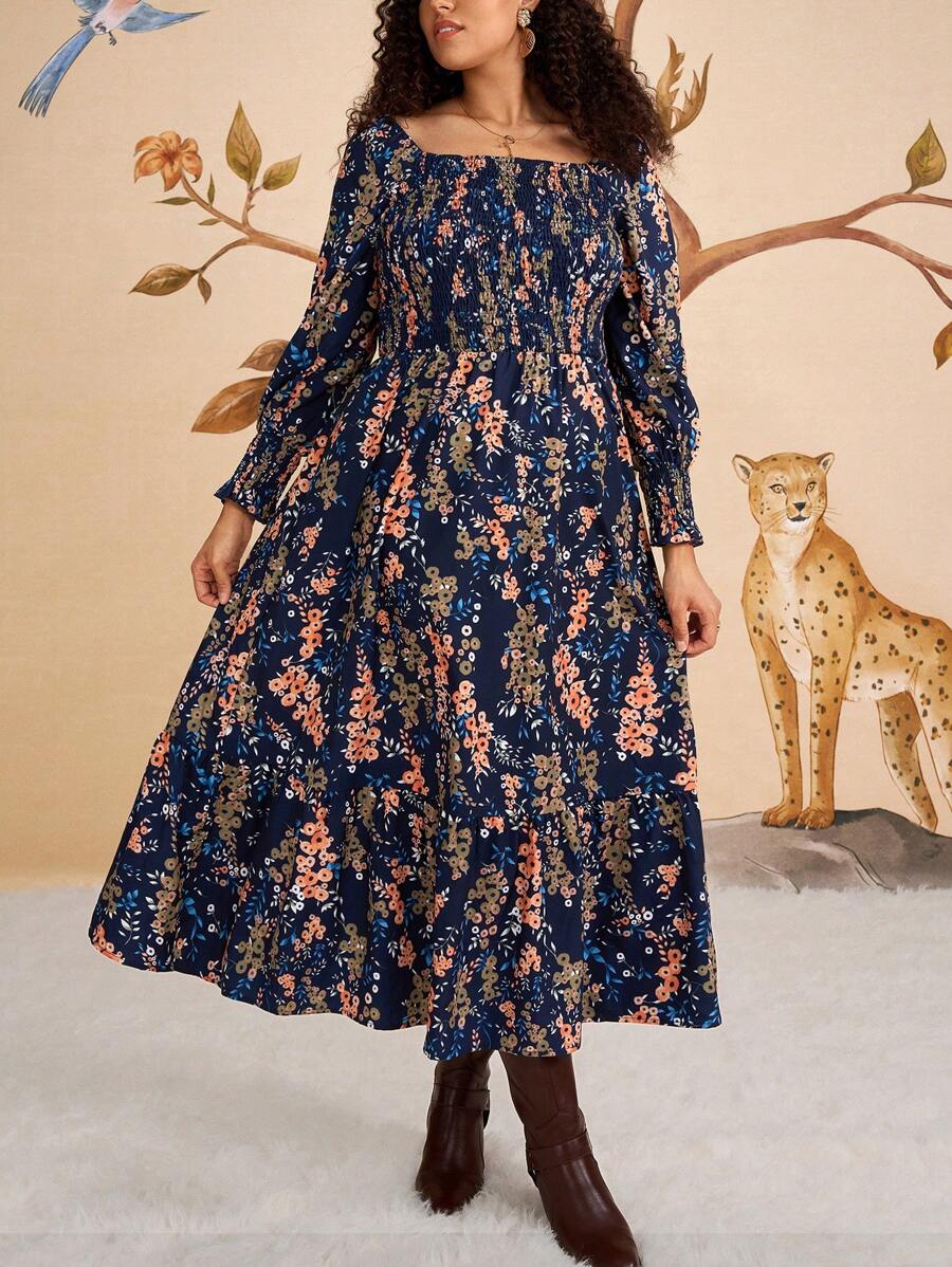 SHEIN VCAY 大码方领泡泡袖长裙，蓝色花卉印花，度假休闲连衣裙，西式/波西米亚风格，适合秋冬季 - 彩色 - 查看 1