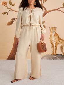 SHEIN VCAY Plus Size Women's Apricot Bowknot Front Lantern Sleeve Textured Jumpsuit, Casual Holiday Wear