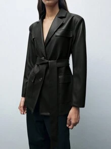 Maija Women's Early Spring Solid Color Lapel Collar Long Sleeve PU Leather Fashion Blazer
