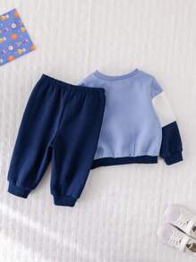 Cozy Pixies 2 pièces Ensemble de sweat-shirt col rond en tricot doux avec imprimé lettre bicolore et pantalon de jogging pour bébé garçon