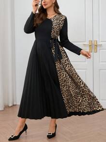 Modelyn Plus Size Leopard Print Tied Dress, Casual And Fashion Suitable For Daily Wear Long Evening Dresses