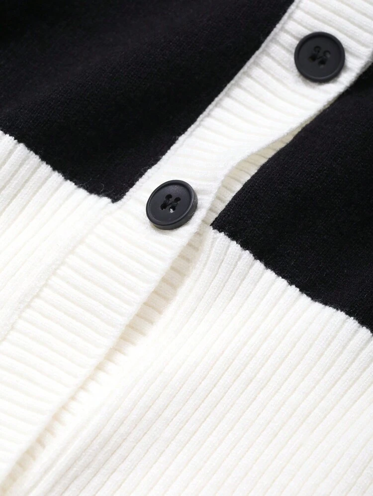 Women's Casual Elegant Contrast Trim V-Neck Cardigan, Long Sleeve, Autumn/Winter