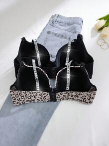 Bare Chapter 2pcs Plus Size Curve Leopard Underwire Push Up T-Shirt Bra With Washable Rhinestones Strap, Lift ClassicAnimalPrint - Multicolor - View 2