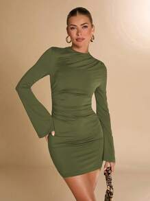 SHEIN BAE Đầm ôm body tay dài cổ cao xếp nếp cho nữ, phù hợp cho mùa thu/đông, mặc thường ngày/đi làm - xanh quân đội - Xem 3
