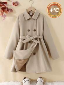 SHEIN Serisse Kids Abrigo largo de forro polar de color caqui sólido y simple para niñas preadolescentes, adecuado y cálido para otoño e invierno, uso diario, ocasión casual, vuelta al colegio