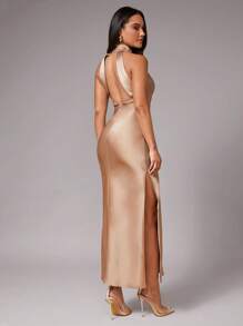 Silquee Gaun Panjang Satin Emas Champagne Elegan untuk Wanita, Desain Belahan Punggung Terbuka untuk Musim Panas, Cocok untuk Makan Malam, Pesta Koktail, Pernikahan, Pengiring Pengantin, dan Pakaian Malam Formal. - Khaki - View 2