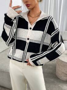 SHEIN LUNE Women Plaid Half-Button Collar Pullover Sweater, Suitable For Autumn And Winter Knit Pullover Fall - Black - View 7