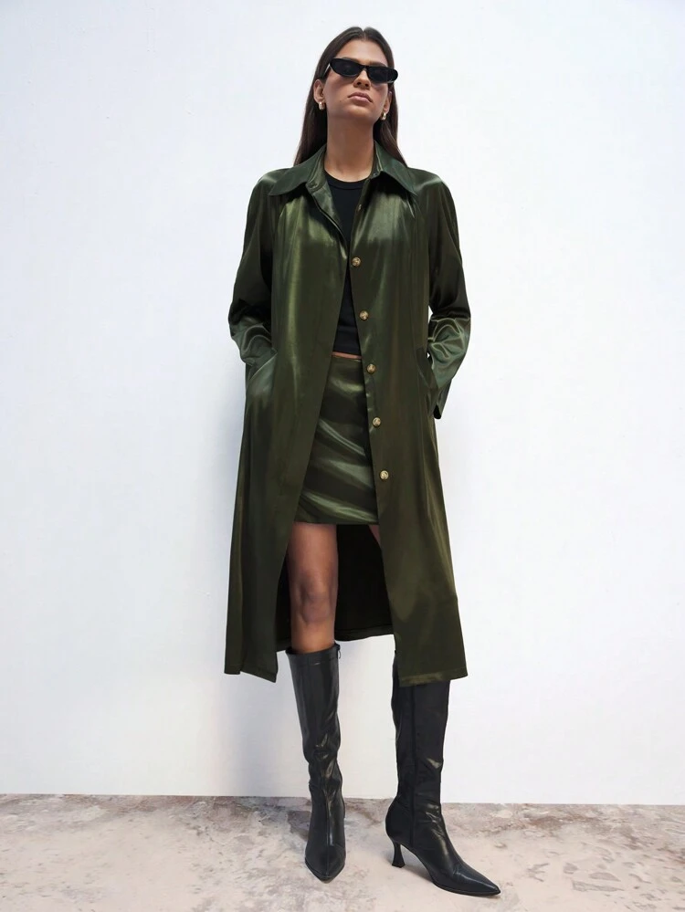 SHEIN Maija Women's Dark Green Satin Drill Fashion Button Front Pockets Versatile Long Sleeve Christmas Casual Holiday Jacket, Regular Fit