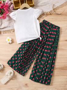 SHEIN 2 件套女孩中东束腰外衣 Abaya Kaftan Jalabiya 斋月卡通女孩印花紫红色玫瑰花卉褶皱裤和白色盖袖 T 恤、红色阔腿裤，春夏舒适服装 - 彩色 - 查看 2