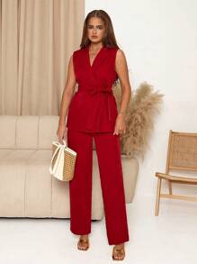 SHEIN Clasi Women 2 Pieces Set Consisting Of Collar Vest And Pants, Autumn Clothing - Pink - View 6