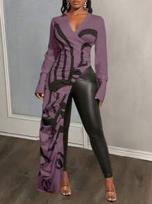 Slaydiva Kemeja Kasual Wanita Lengan Panjang Leher V Bermotif, Pakaian Sehari-hari - Purple - View 6