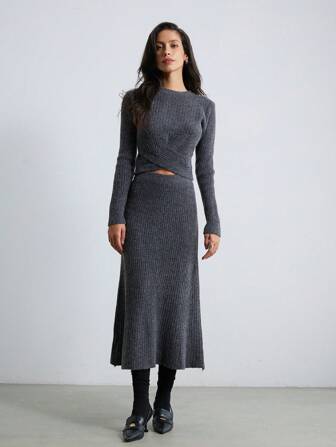 SHEIN Privé Women's Autumn/Winter Crossed Top + Midi Skirt 2 Pieces Knitted Suit  Fall Cloth For Women