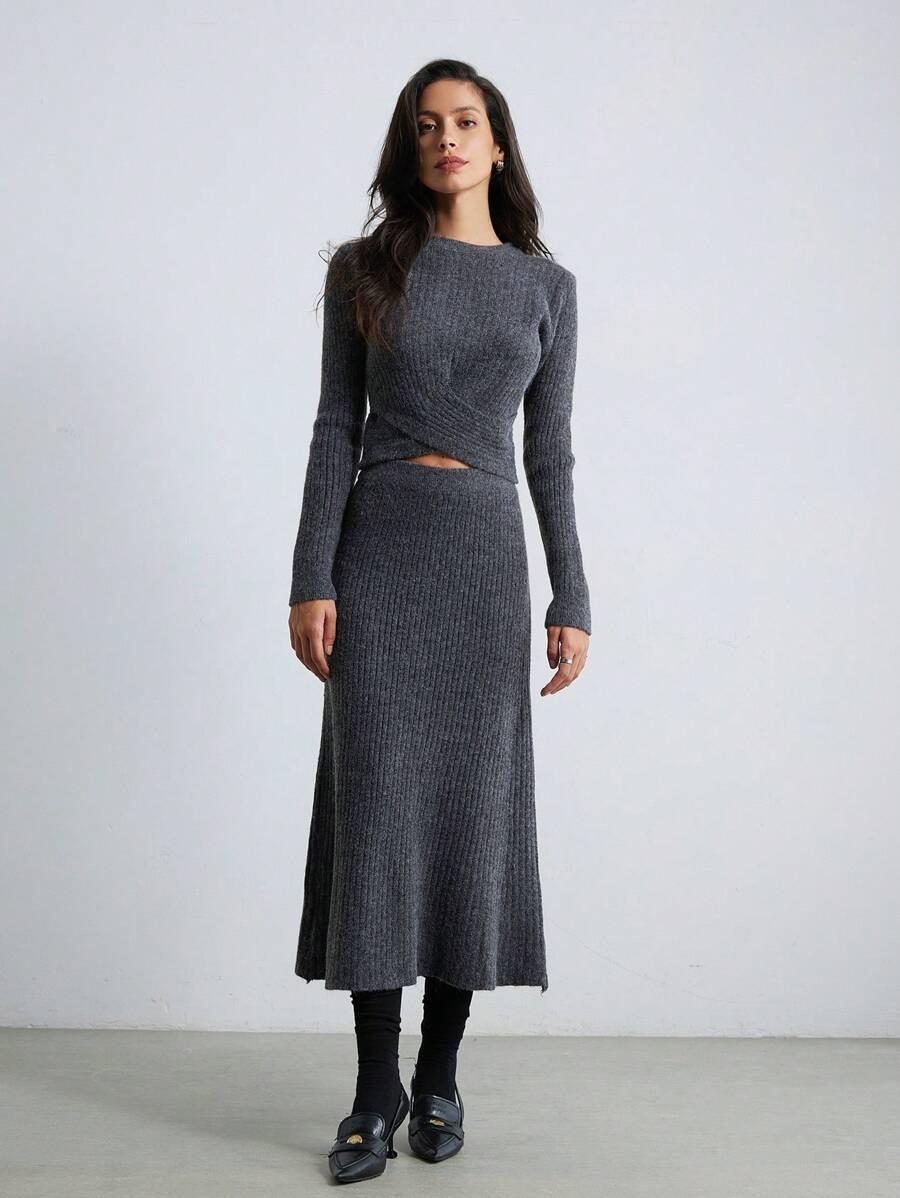 SHEIN Privé 女士秋冬交叉上衣 + 中长裙 2 件针织套装