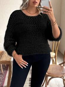 Calvaya 大码圆领长袖简约针织毛衣，休闲日常穿着，适合冬季秋季穿着。 - 黑色 - 查看 4