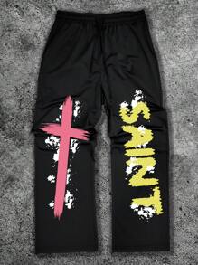 Manfinity EMRG 大码男士字母和十字印花休闲运动裤外出街头穿着直腿运动裤，适合丈夫、男朋友的礼物 - 黑色 - 查看 4