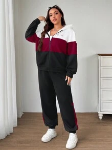 SHEIN EZwear Bộ 2 món/Bộ đồ thể thao thường ngày in khẩu hiệu màu tương phản cỡ lớn, áo khoác nỉ + quần dài, bộ đồ thể thao, mùa thu/đông - Nhiều màu - Xem 3