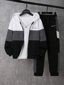 SHEIN EZwear Bộ 2 món/Bộ đồ thể thao thường ngày in khẩu hiệu màu tương phản cỡ lớn, áo khoác nỉ + quần dài, bộ đồ thể thao, mùa thu/đông - Xám - Xem 7