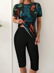 Swim Lushoire Women's Summer Beach Plant Printed Tankini Set - Dark Green - View 1