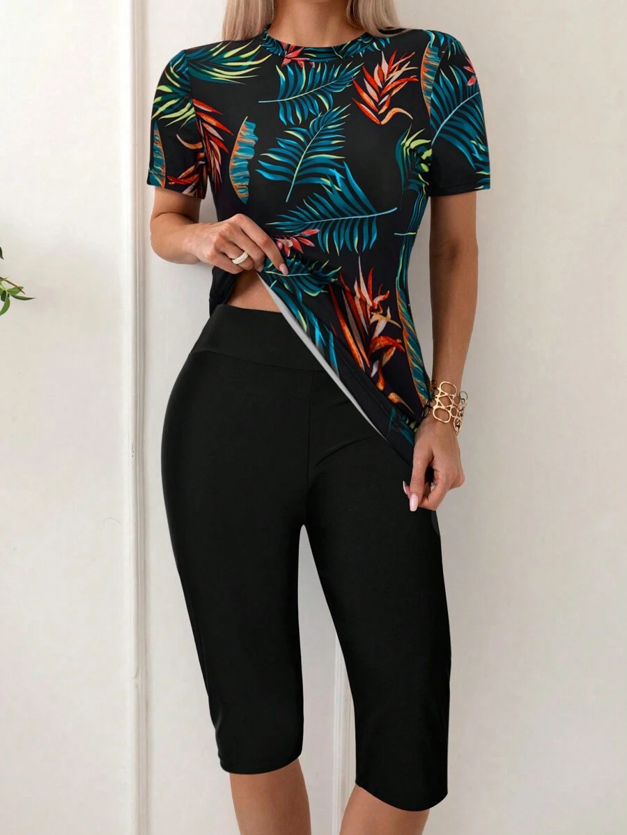 Swim Lushoire Women's Summer Beach Plant Printed Tankini Set - Dark Green - View 1