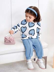 SHEIN Leap Crew Baby Girl Cute Heart Pattern Sweatshirt With Elastic Waist Solid Color Long Pants Set, Autumn/Winter - Blue and White - View 1
