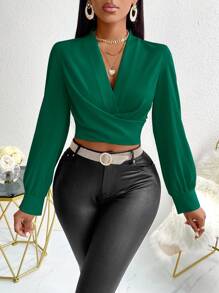 SOLERSUN Women's Solid Color V-Neck Long Sleeve Casual Top - Dark Green - View 3