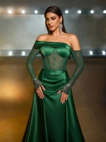 Glamrae Elegant Off Shoulder Mesh Sheer Long Sleeve Luxury Handmade Beaded Dress, Fishbone Waist See-Through High Slit Fish Tail Flowing Prom Dress With Train, Wedding Guest Dress