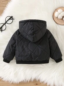 SHEIN 新生男婴/女婴可爱字母贴片毛绒衬里拉链连帽绗缝夹克，厚保暖衬里，适合秋冬季 - 藏蓝色 - 查看 9