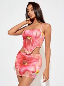 SHEIN SXY 2 件套玫瑰花卉印花吊带背心和迷你裙，女士服装套装，夏季套装， - 彩色 - 查看 3