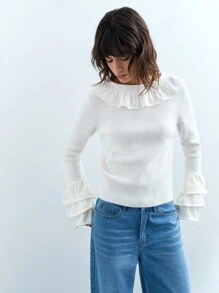Maija Women's Elegant Ruffled Collar Wave Hem Multi-Layer Sleeve Soft & Comfy White Sweater, Suitable For Daily Wear, Party, Valentine's Day