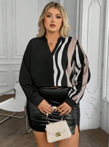 SHEIN Clasi Plus Size Women Autumn V-Neck Long Sleeve Stripe Patchwork Blouse - Multicolor - View 3