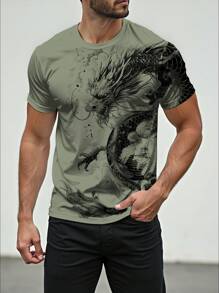 Manfinity LEGND Fashion Casual Chinese Ink Painting Dragon Element Print Standard Fit Men Short Sleeve T-Shirt - Army Green - View 5