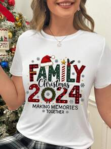Calvaya Áo thun cổ tròn in hình Giáng sinh gia đình, Áo thun cổ tròn tay ngắn cỡ lớn dành cho nữ, Thích hợp cho mùa xuân và mùa hè trong trang phục nữ Áo thun họa tiết dành cho nữ - trắng - Xem 3
