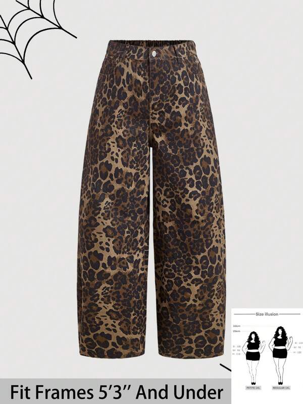 SHEIN PETITE CURVE Plus Size Women Leopard Print Wide Leg Boyfriend Jeans, Fall Women Clothes