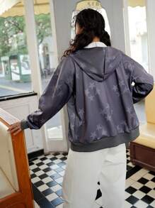 Loose Drop-Shoulder Zip-Up Sweatshirt With Star Print For Teen Girls, Casual Everyday Wear, Suitable For Spring/Autumn/Winter - Dark Grey - View 2