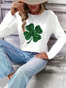 INAWLY Camiseta de manga larga con estampado de tréboles para tiempo libre, blusas gráficas para mujeres para looks de primavera
