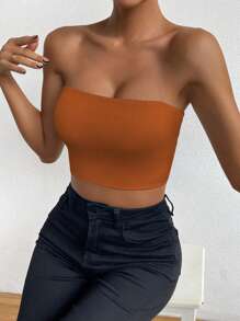 Allurite 女士纯色简约抹胸上衣，休闲日常穿着 - 棕色 - 查看 5