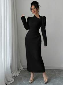 Selianne Vestito da donna con collo asimmetrico, maniche a palloncino, plissettato, attillato, con spacco orlo - nero - Visualizzare 5