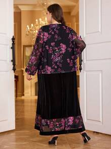 Modelyn Vestido largo de manga larga con estampado de malla, parche de terciopelo en estilo árabe para mujer de talla grande, vestido de noche largo