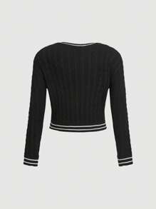 SHEIN MOD Plus Size Women Knitted Round Neck Button Up Color Block Short Cardigan, Autumn/Winter,Valentine's Day - Black and White - View 2