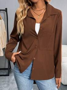 SHEIN LUNE Women's Plain Brown Long Sleeve Casual Shirt, For Everyday Wear In Spring, Summer, Autumn, And Winter